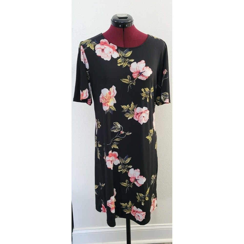 Alexandra + Oak Black/Pink Floral Sheath Dress M Stretch Scoop Neck Short Sleeve